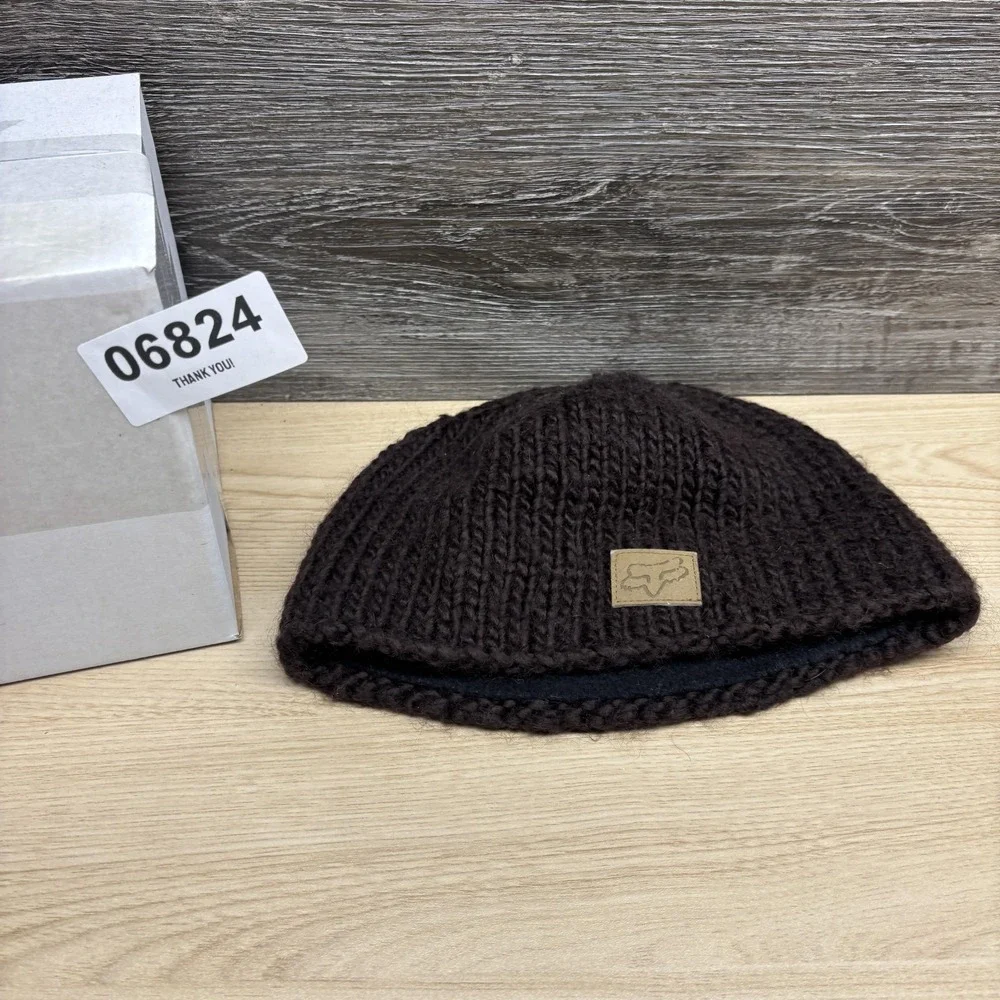 Fox Racing Hat Beanie Knit Brown Fleece Lined Patch Mens One‎ Size Winter Warm